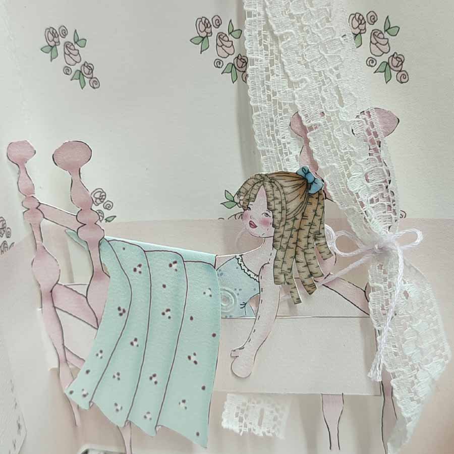 Cuento con muñecas de papel para jugar • Evaninas Muñeca de papel en cama con dosel hecho a mano por Evaninas.