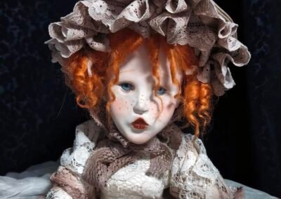 Muñeca con gorro victoriano y pelo rojizo hecha a mano por Evaninas